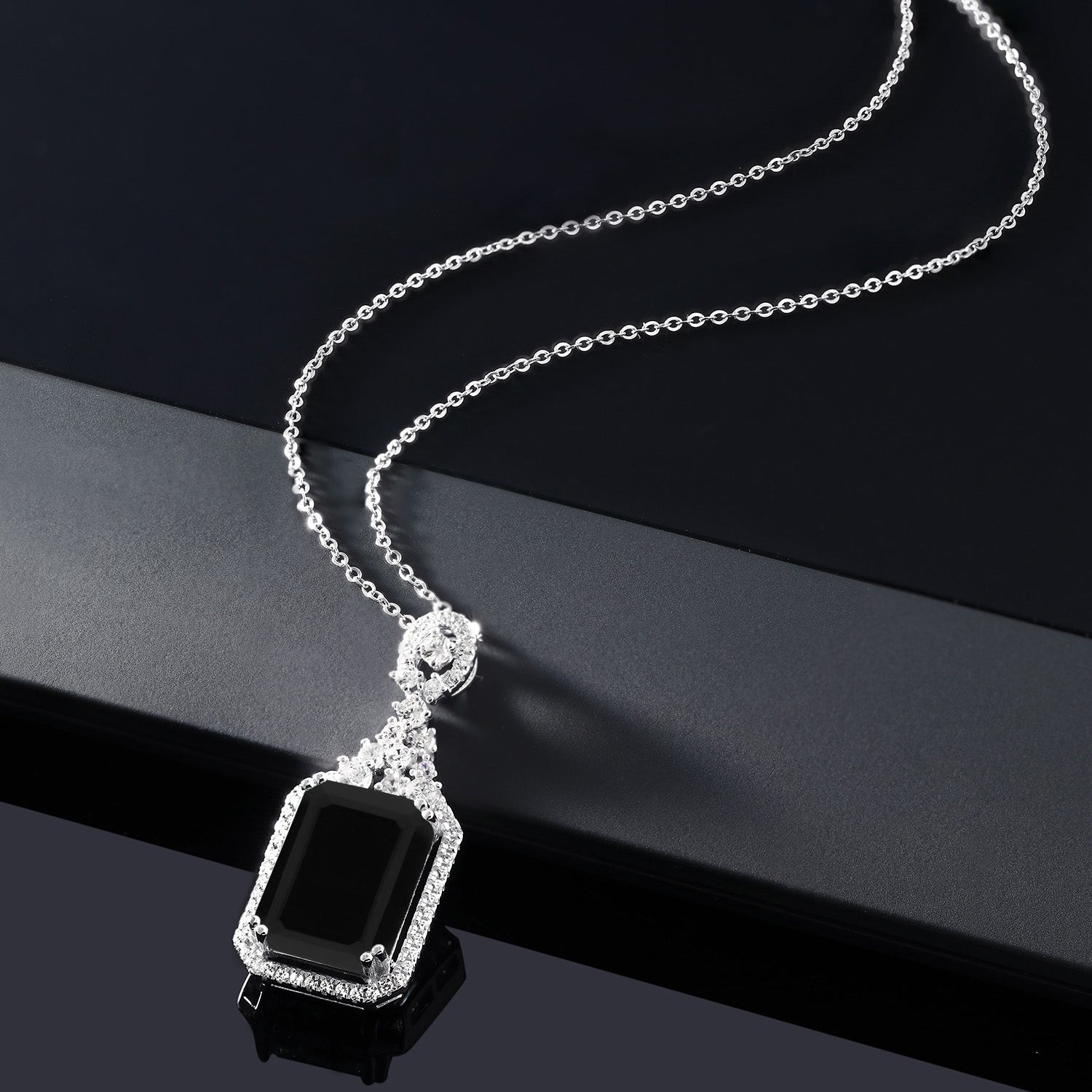 925 Sterling Silver Black Onyx Pendant Necklace For Women (7.20 Cttw, Gemstone Birthstone, Emerald Cut 14X10MM, with 18 Inch Silver Chain)