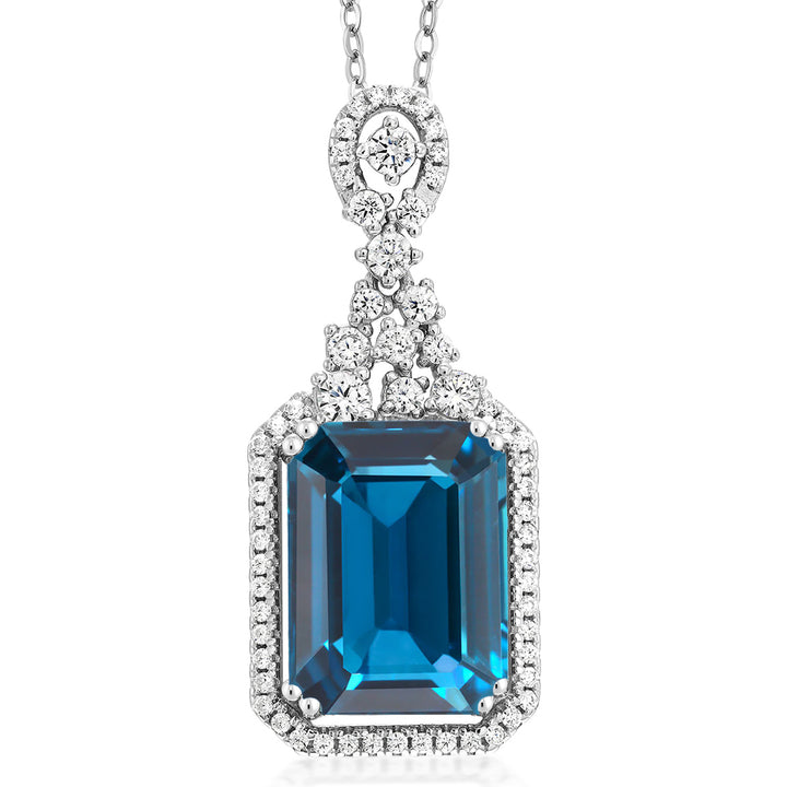 925 Sterling Silver London Blue Topaz Pendant Necklace For Women (10.10 Cttw, Emerald Cut 14X10MM, Gemstone Birthstone with 18 Inch Silver Chain)