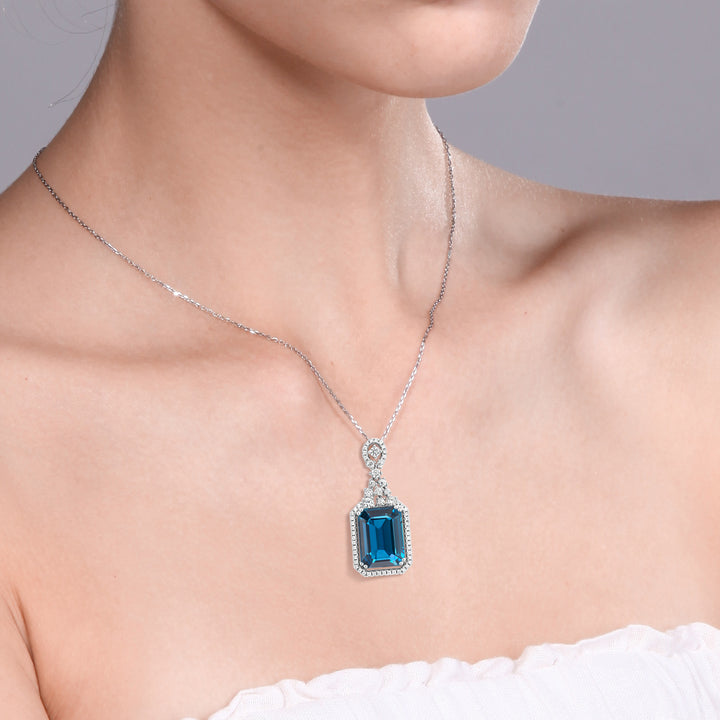 925 Sterling Silver London Blue Topaz Pendant Necklace For Women (10.10 Cttw, Emerald Cut 14X10MM, Gemstone Birthstone with 18 Inch Silver Chain)