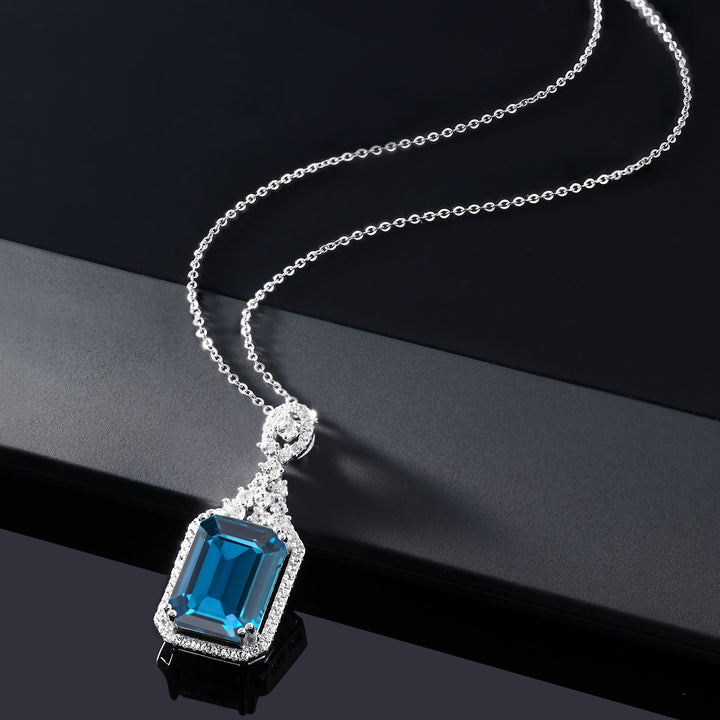 925 Sterling Silver London Blue Topaz Pendant Necklace For Women (10.10 Cttw, Emerald Cut 14X10MM, Gemstone Birthstone with 18 Inch Silver Chain)