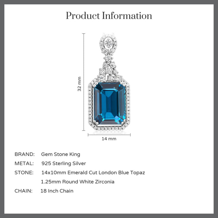 925 Sterling Silver London Blue Topaz Pendant Necklace For Women (10.10 Cttw, Emerald Cut 14X10MM, Gemstone Birthstone with 18 Inch Silver Chain)