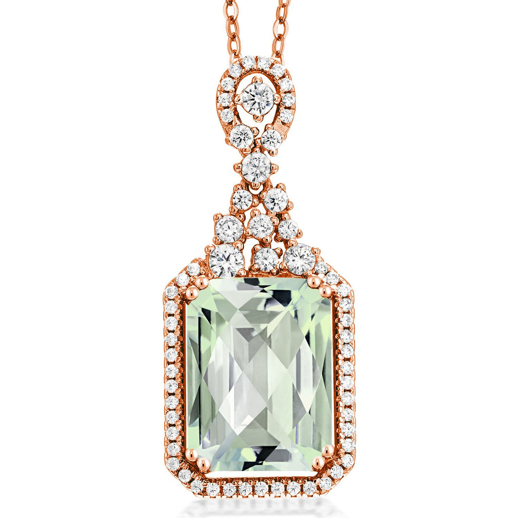 Gem Stone King 5-10 Cttw Emerald Cut Pendant Necklace For Women | 14X10MM Gemstone Birthstone | 18K Rose Gold Plated Silver | With 18 Inch Silver Chain