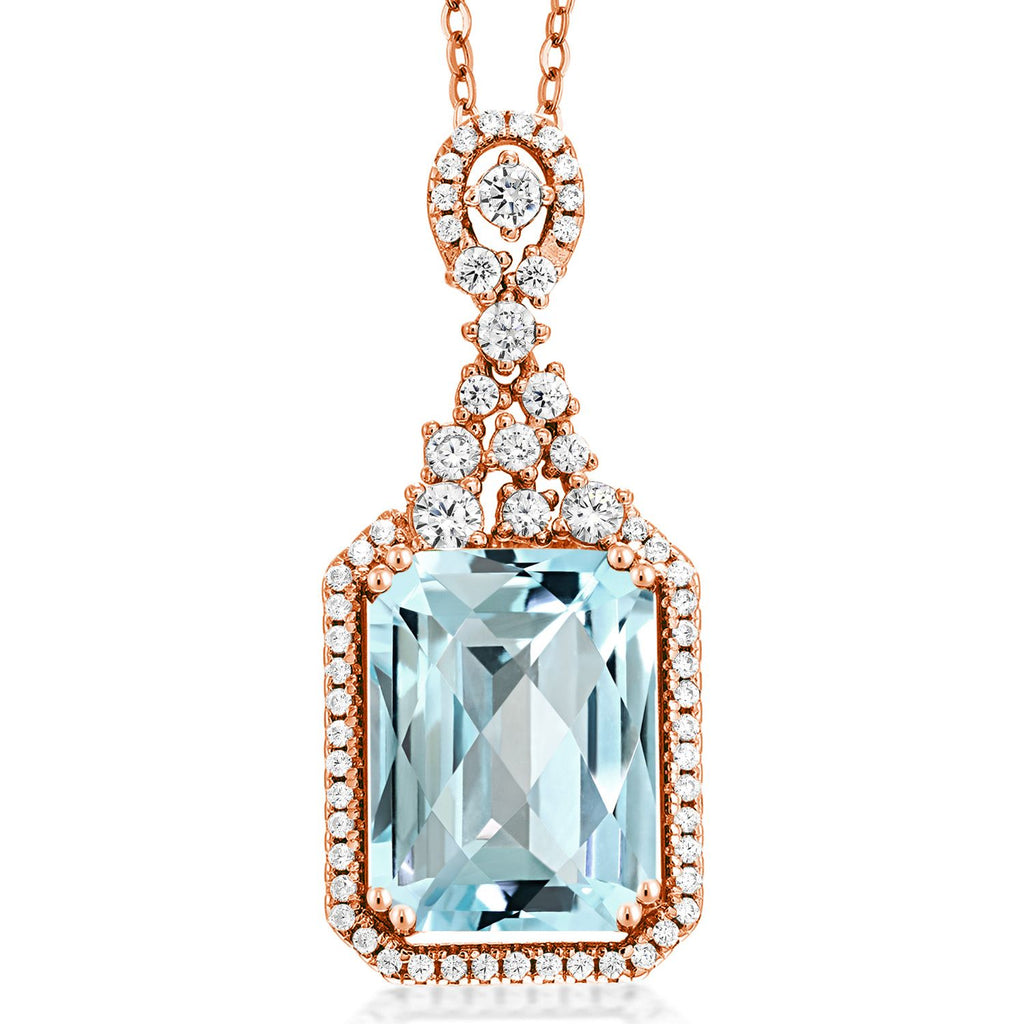 Gem Stone King 5-10 Cttw Emerald Cut Pendant Necklace For Women | 14X10MM Gemstone Birthstone | 18K Rose Gold Plated Silver | With 18 Inch Silver Chain
