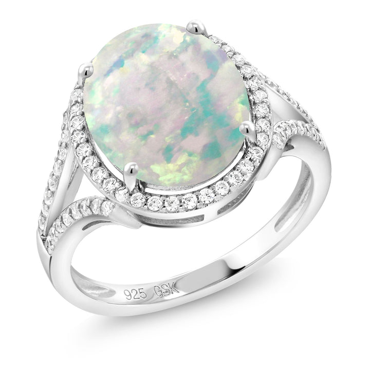 White Simulated Opal-Cabochon_5_Ring in 925 Sterling Silver