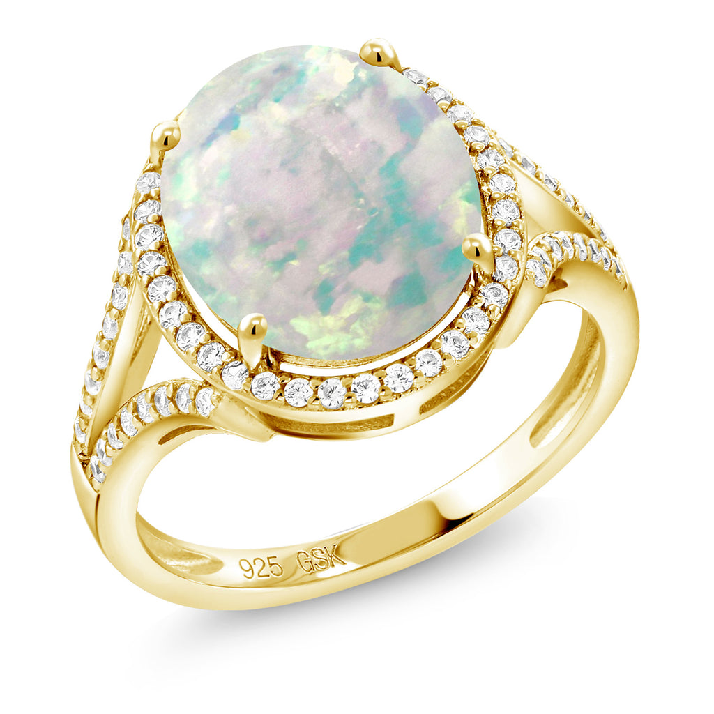 White Simulated Opal-Cabochon - October_7_Ring in 925 Yellow Gold Plated Silver
