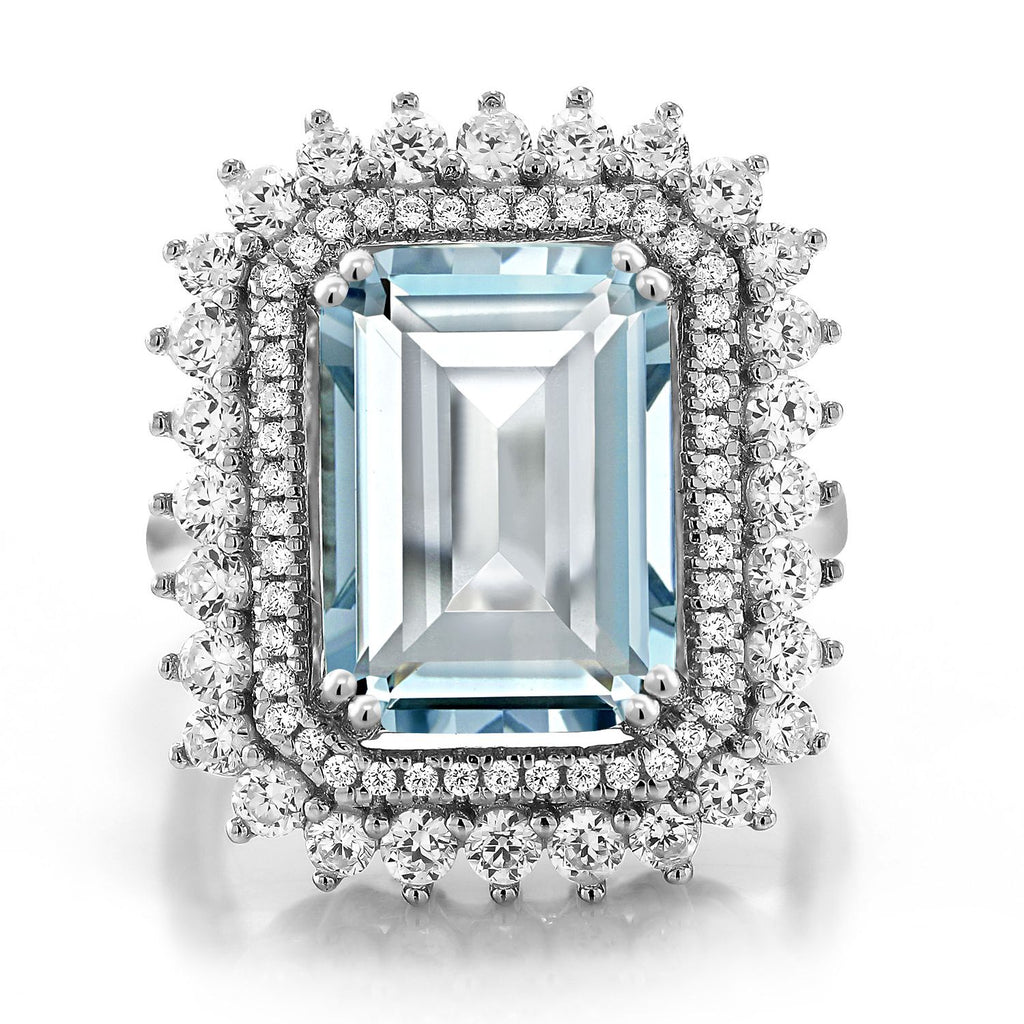 Gem Stone King 5-10 Cttw Emerald Cut Halo Ring For Women | 925 Sterling Silver | Gemstone Birthstone | Emerald Cut 14X10MM | Wedding Anniversary Promise Statement Ring | Available In Size 5-9