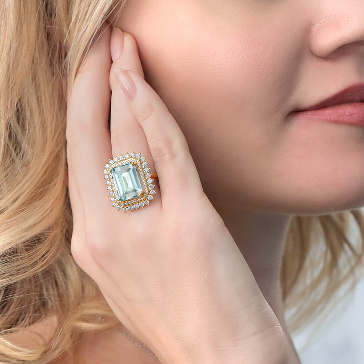 Simulated Aquamarine and Zirconia_5_Ring in 18K Yellow Gold Plated Silver