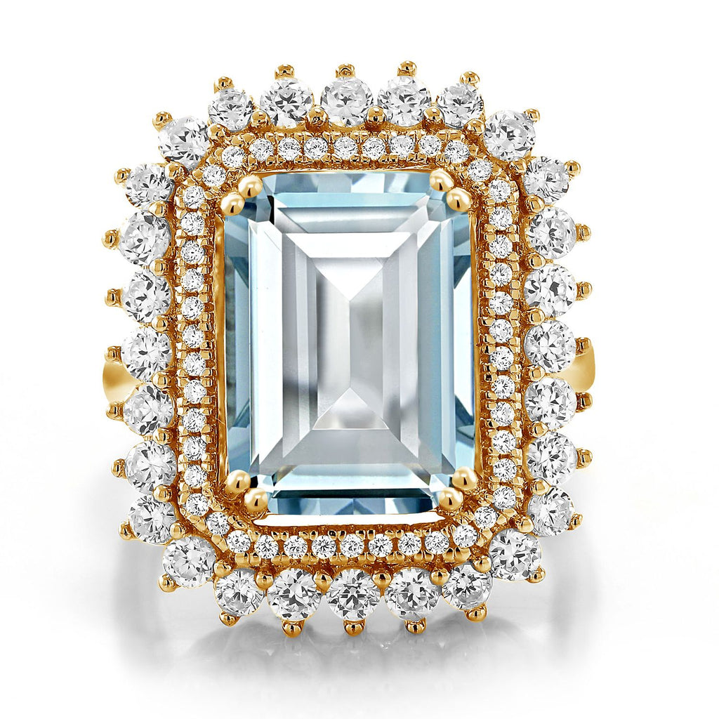 Simulated Aquamarine and Zirconia_5_Ring in 925 Yellow Gold Plated Silver