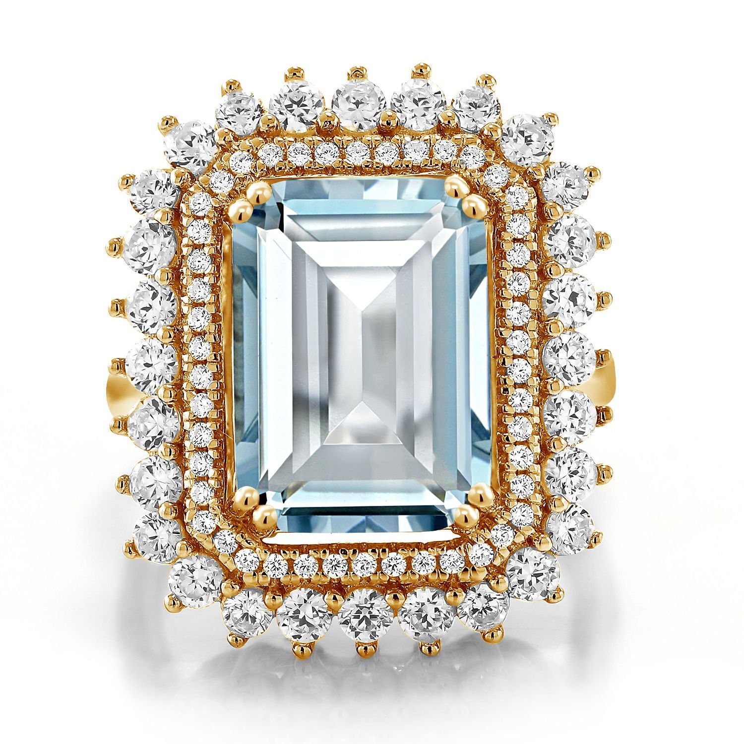 Simulated Aquamarine and Zirconia_5_Ring in 925 Yellow Gold Plated Silver