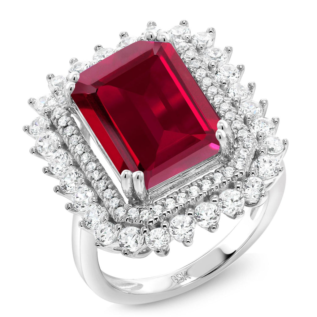 Gem Stone King 5-10 Cttw Emerald Cut Halo Ring For Women | 925 Sterling Silver | Gemstone Birthstone | Emerald Cut 14X10MM | Wedding Anniversary Promise Statement Ring | Available In Size 5-9