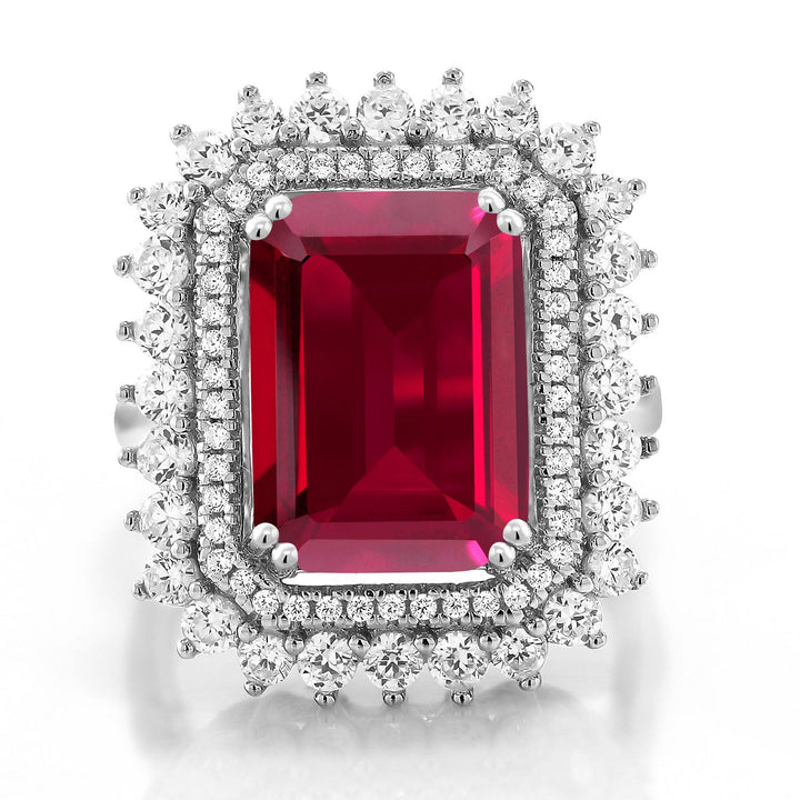 8.60 Cttw Red Created Ruby Ring For Women In 925 Sterling Silver | Emerald Cut 14X10MM | Available In Size 5,6,7,8,9