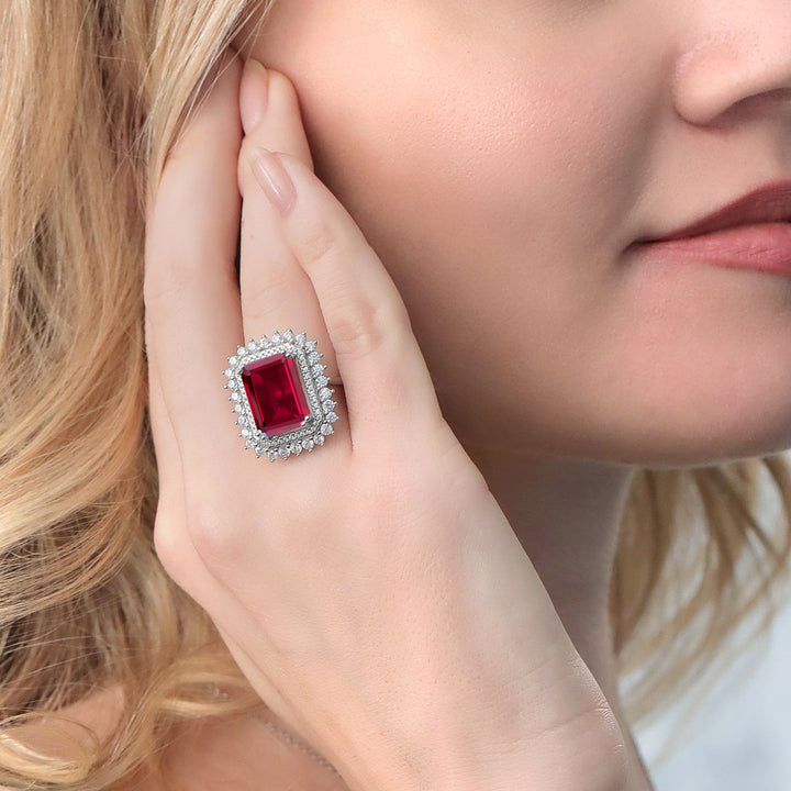 8.60 Cttw Red Created Ruby Ring For Women In 925 Sterling Silver | Emerald Cut 14X10MM | Available In Size 5,6,7,8,9