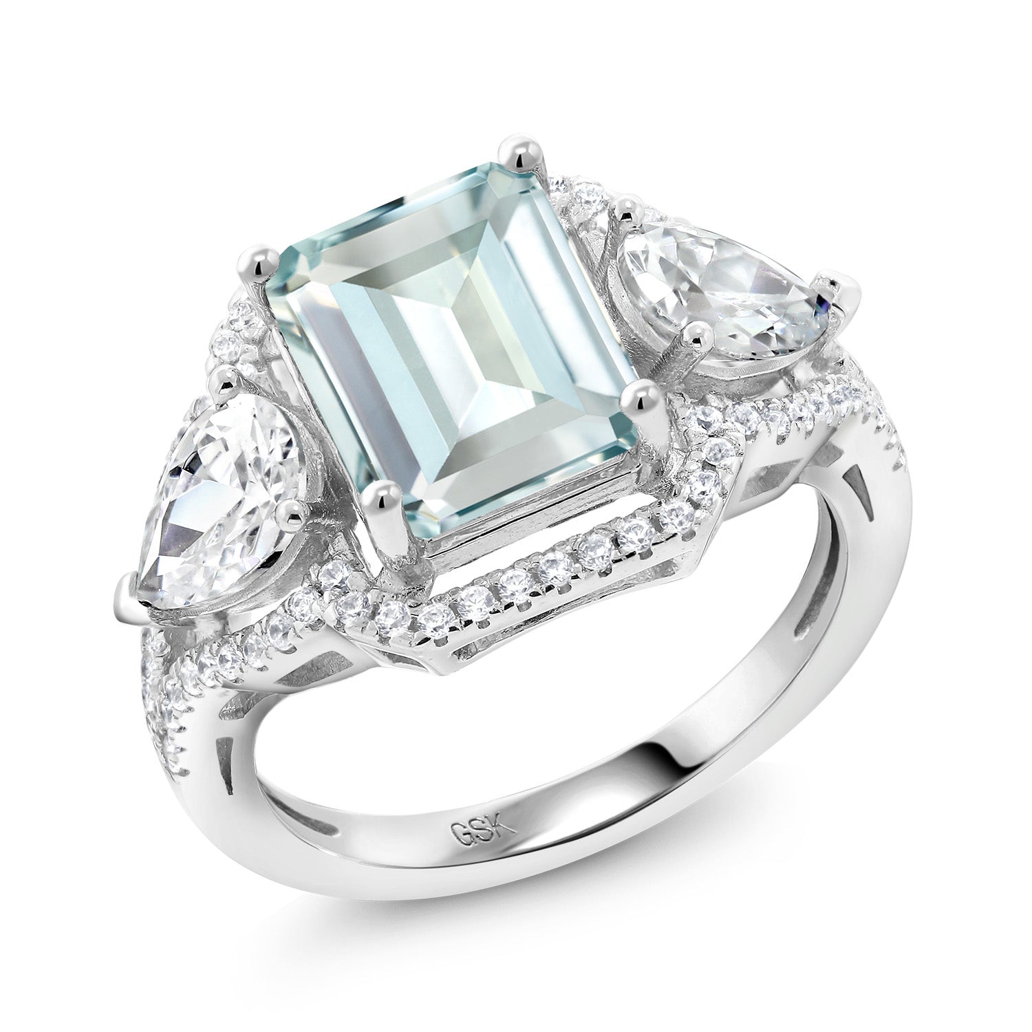 3.89 Cttw Sky Blue Simulated Aquamarine Ring For Women In 925 Sterling Silver | Emerald Cut 10X8MM | Available In Size 5, 6, 7, 8, 9