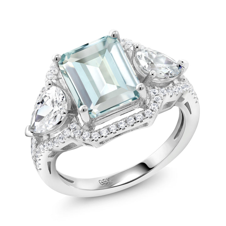 3.89 Cttw Sky Blue Simulated Aquamarine Ring For Women In 925 Sterling Silver | Emerald Cut 10X8MM | Available In Size 5, 6, 7, 8, 9