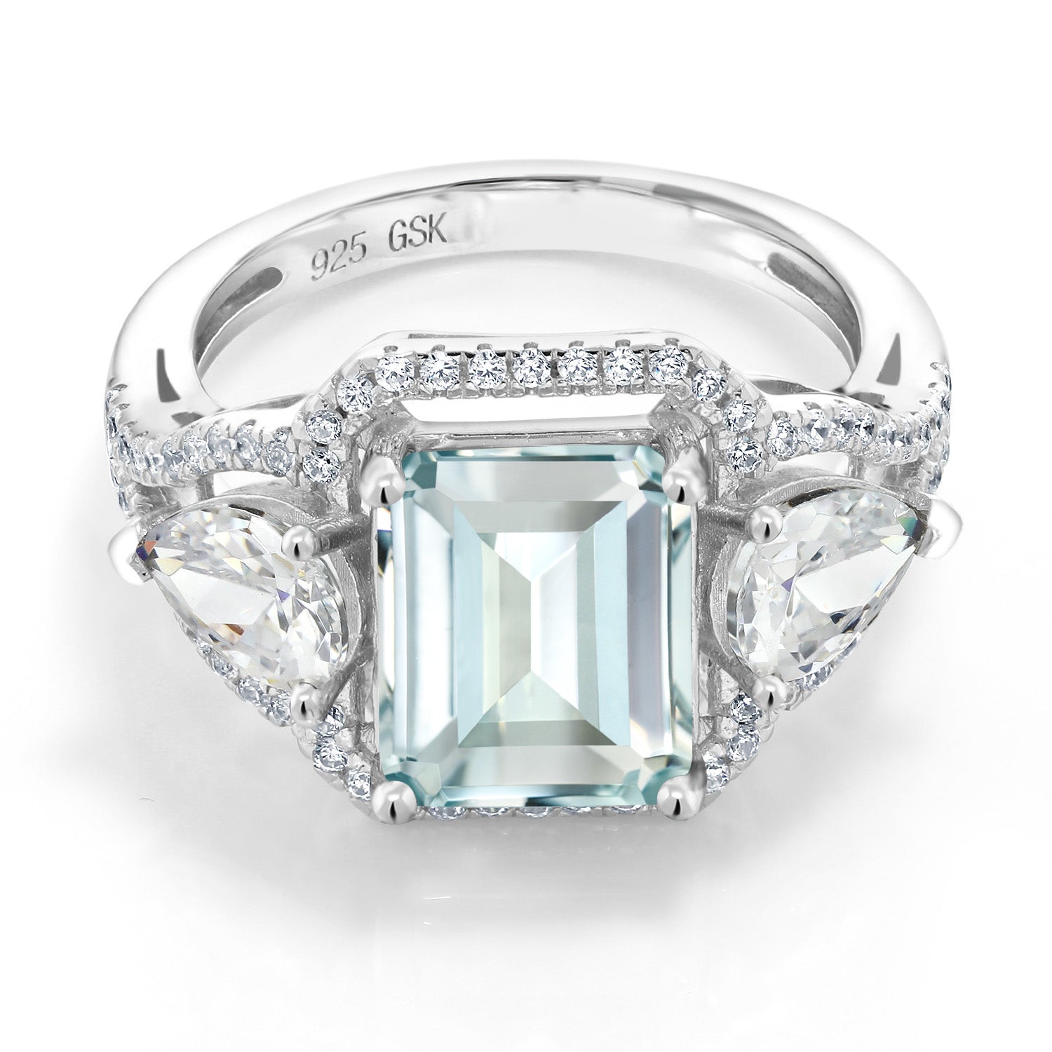 3.89 Cttw Sky Blue Simulated Aquamarine Ring For Women In 925 Sterling Silver | Emerald Cut 10X8MM | Available In Size 5, 6, 7, 8, 9