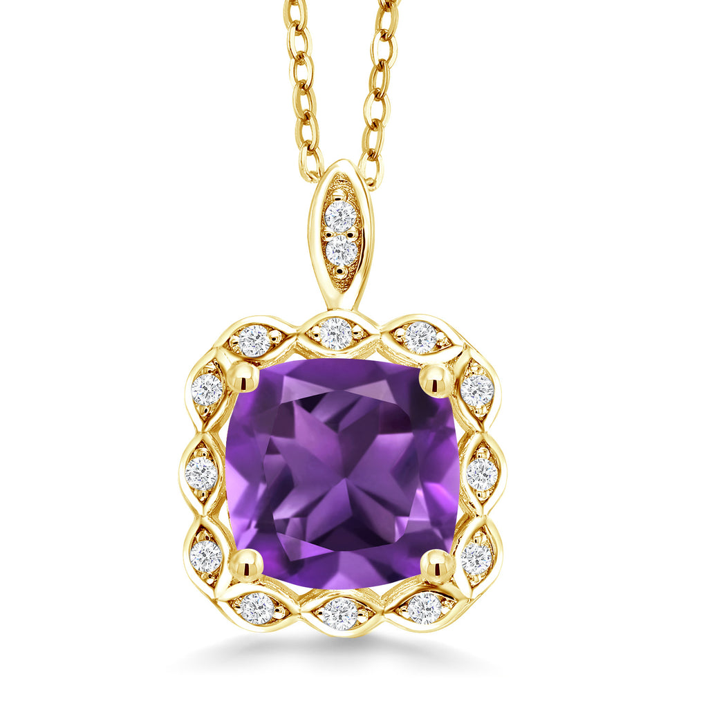 18K Yellow Gold Plated Silver 8MM Cushion Gemstone Birthstone Pendant Necklace For Women with 18 Inch Silver Chain