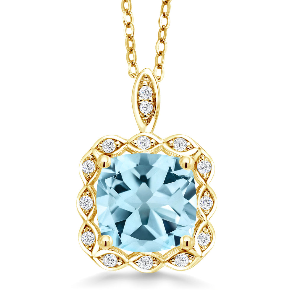 18K Yellow Gold Plated Silver 8MM Cushion Gemstone Birthstone Pendant Necklace For Women with 18 Inch Silver Chain
