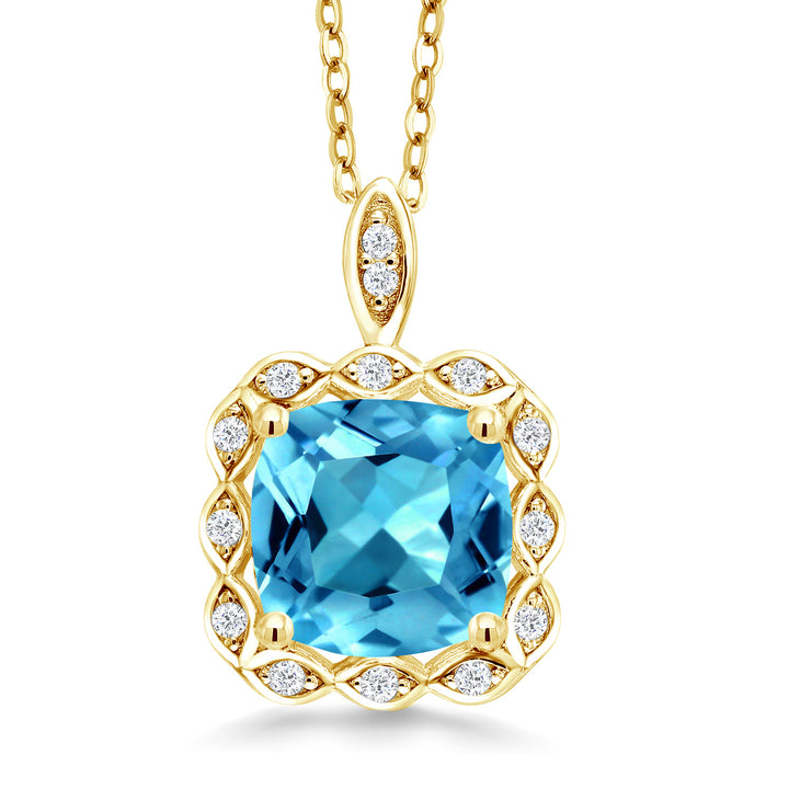 18K Yellow Gold Plated Silver 8MM Cushion Gemstone Birthstone Pendant Necklace For Women with 18 Inch Silver Chain