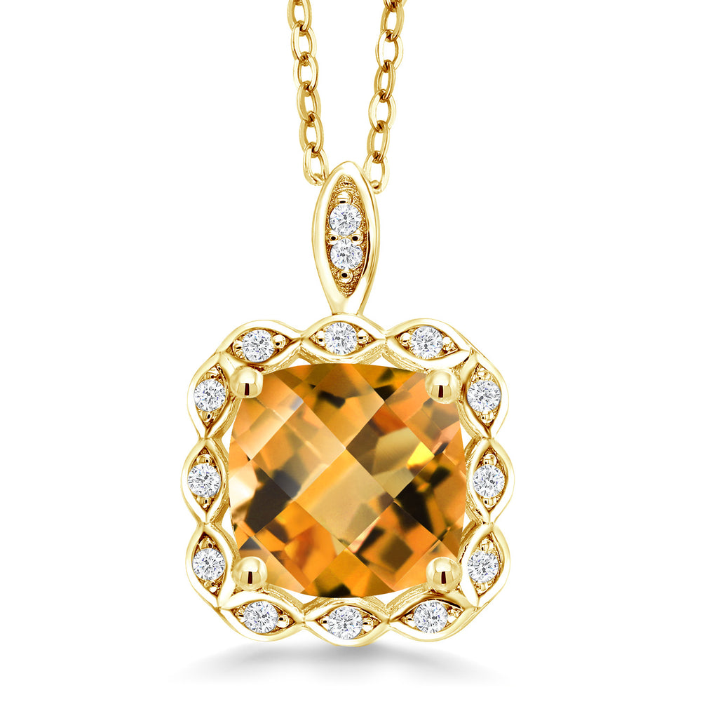 18K Yellow Gold Plated Silver 8MM Cushion Gemstone Birthstone Pendant Necklace For Women with 18 Inch Silver Chain