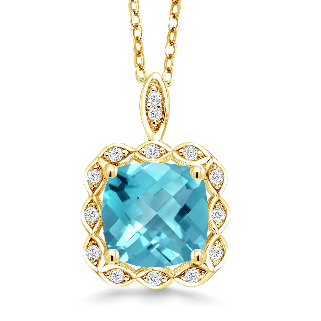 Swiss Blue Topaz-Checkerboard - November_Pendant in 925 Yellow Gold Plated Silver