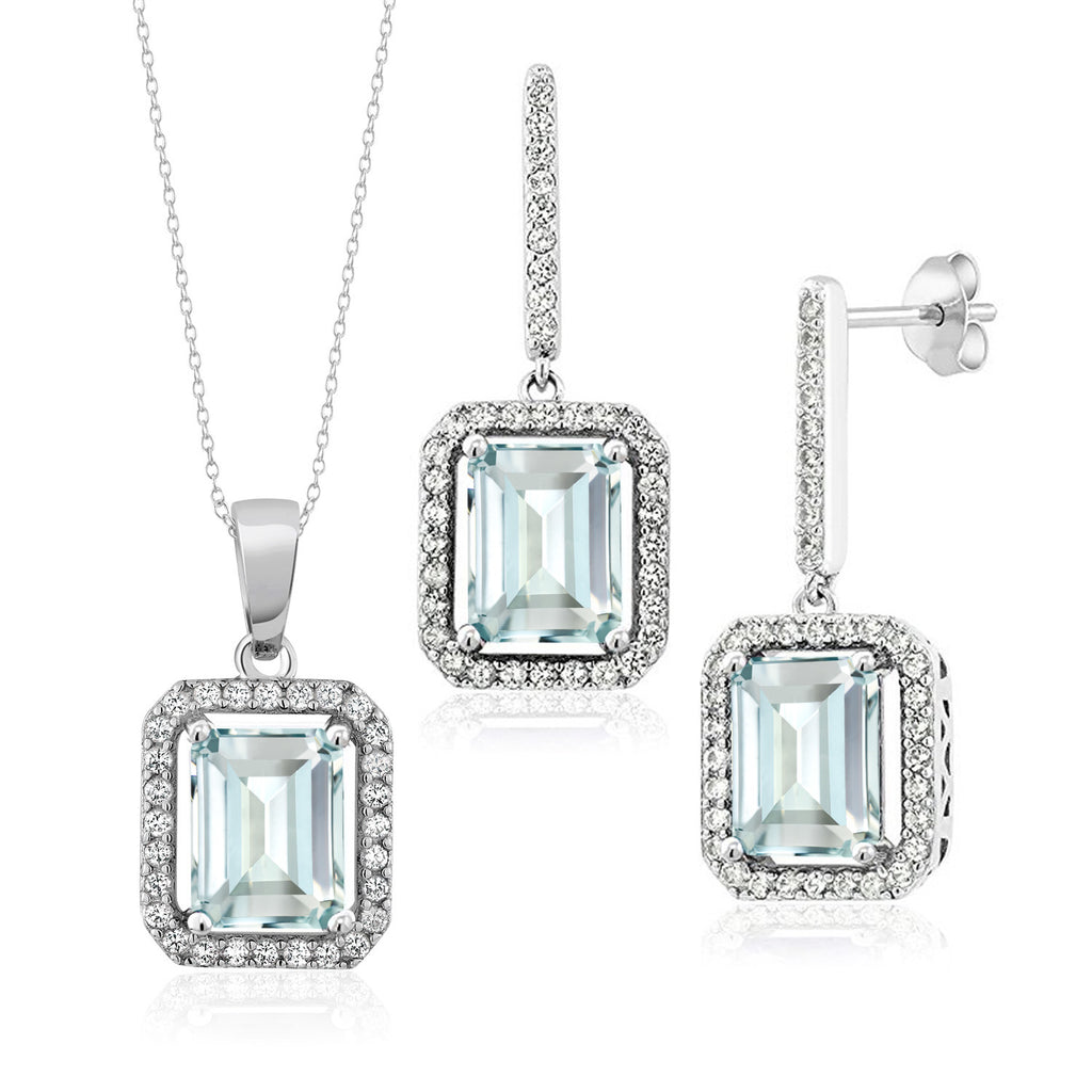 Created Aquamarine - March_Pendant Earrings Set in 925 Sterling Silver