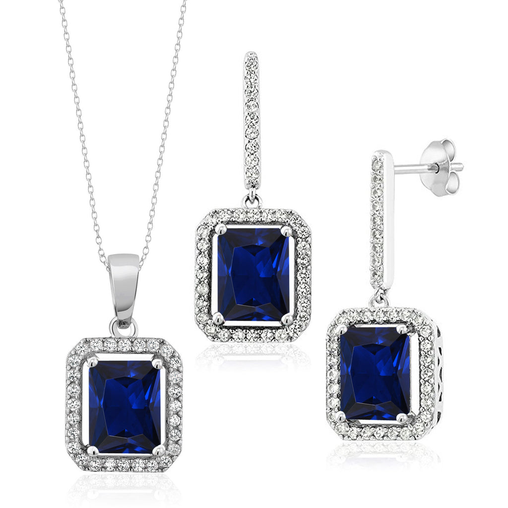 Created Sapphire - September_Pendant Earrings Set in 925 Sterling Silver