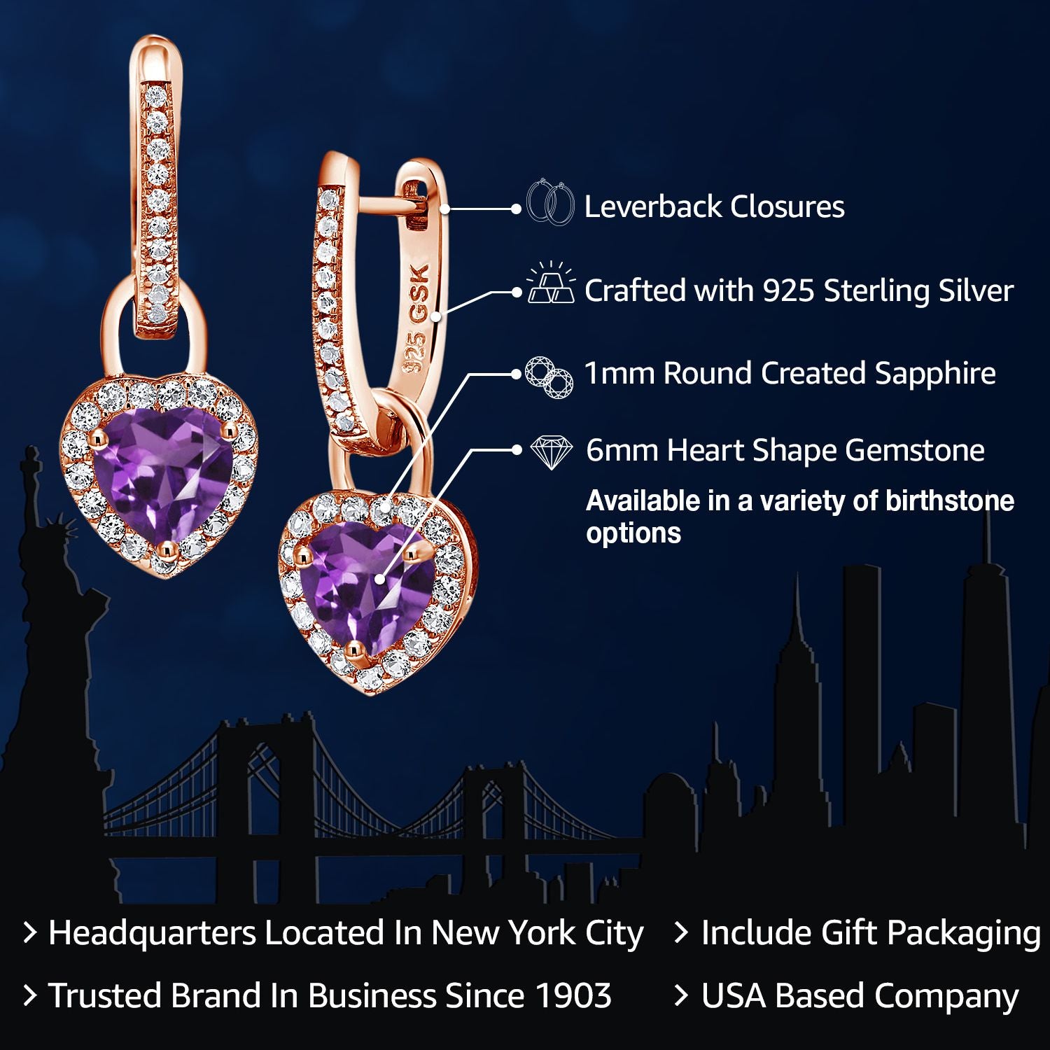 Amethyst - February_Earrings in 925 Rose Gold Plated Silver