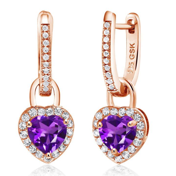 Gem Stone King 18K Rose Gold Plated Silver Heart Gemstone Birthstone and White Created Sapphire Earrings | Heart Shape 6MM | Drop Dangle Earrings for Women