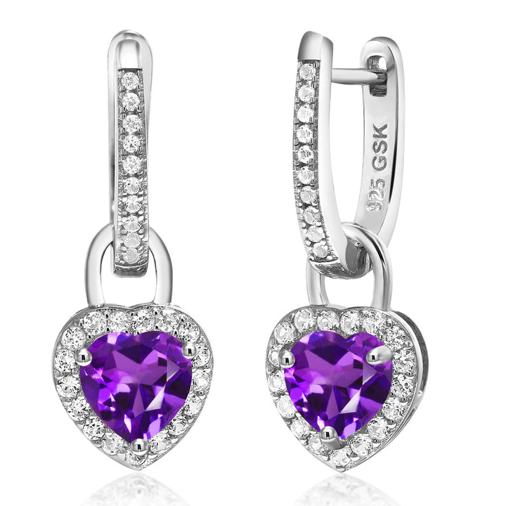 Gem Stone King 6MM Heart Shape Gemstone Birthstone and White Created Sapphire Heart Earrings | 925 Sterling Silver | Drop Dangle Earrings for Women