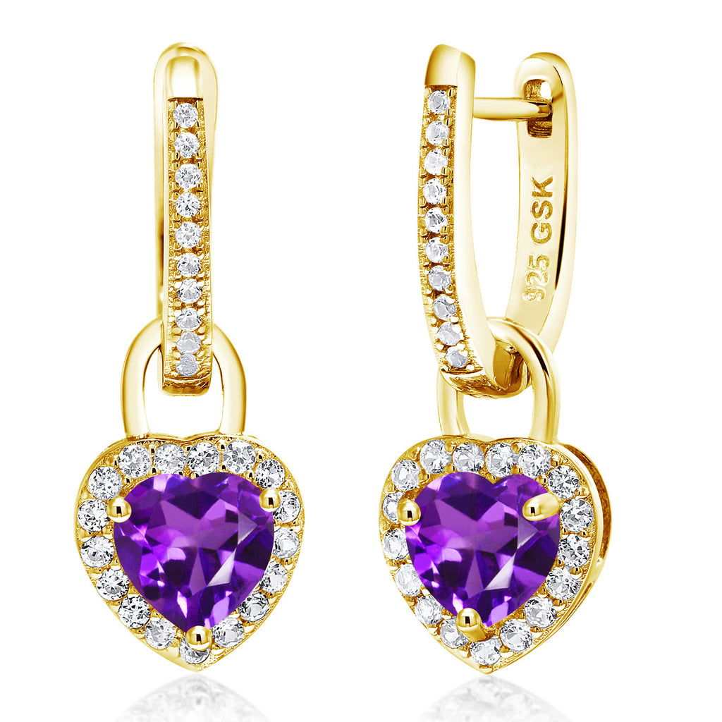 Gem Stone King 18K Yellow Gold Plated Silver Heart Gemstone Birthstone and White Created Sapphire Earrings | Heart Shape 6MM | Drop Dangle Earrings for Women