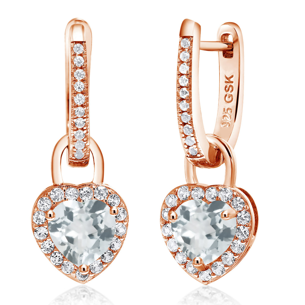 Gem Stone King 18K Rose Gold Plated Silver Heart Gemstone Birthstone and White Created Sapphire Earrings | Heart Shape 6MM | Drop Dangle Earrings for Women