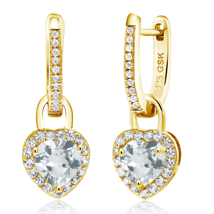 Gem Stone King 18K Yellow Gold Plated Silver Heart Gemstone Birthstone and White Created Sapphire Earrings | Heart Shape 6MM | Drop Dangle Earrings for Women