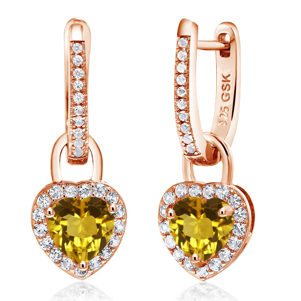 Gem Stone King 18K Rose Gold Plated Silver Heart Gemstone Birthstone and White Created Sapphire Earrings | Heart Shape 6MM | Drop Dangle Earrings for Women