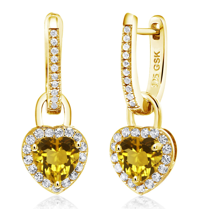 Gem Stone King 18K Yellow Gold Plated Silver Heart Gemstone Birthstone and White Created Sapphire Earrings | Heart Shape 6MM | Drop Dangle Earrings for Women