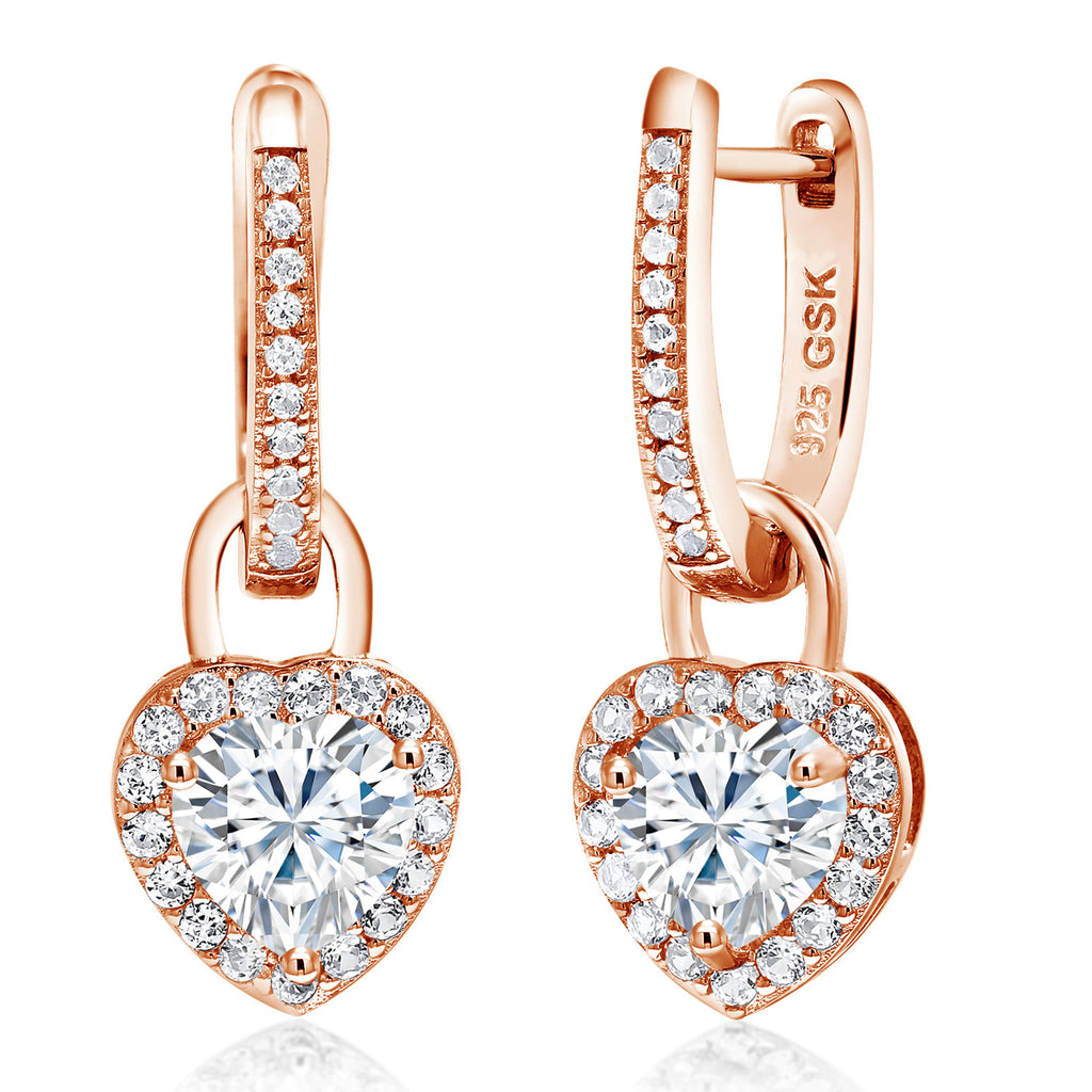 Gem Stone King 18K Rose Gold Plated Silver Heart Gemstone Birthstone and White Created Sapphire Earrings | Heart Shape 6MM | Drop Dangle Earrings for Women