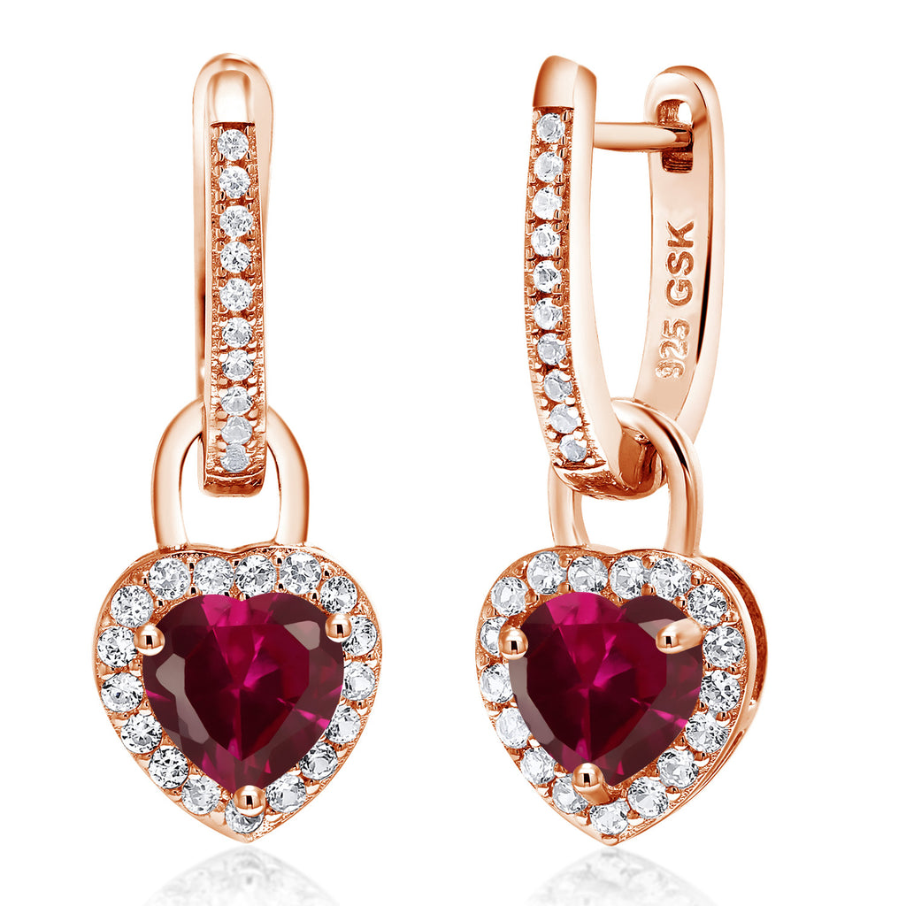 Gem Stone King 18K Rose Gold Plated Silver Heart Gemstone Birthstone and White Created Sapphire Earrings | Heart Shape 6MM | Drop Dangle Earrings for Women