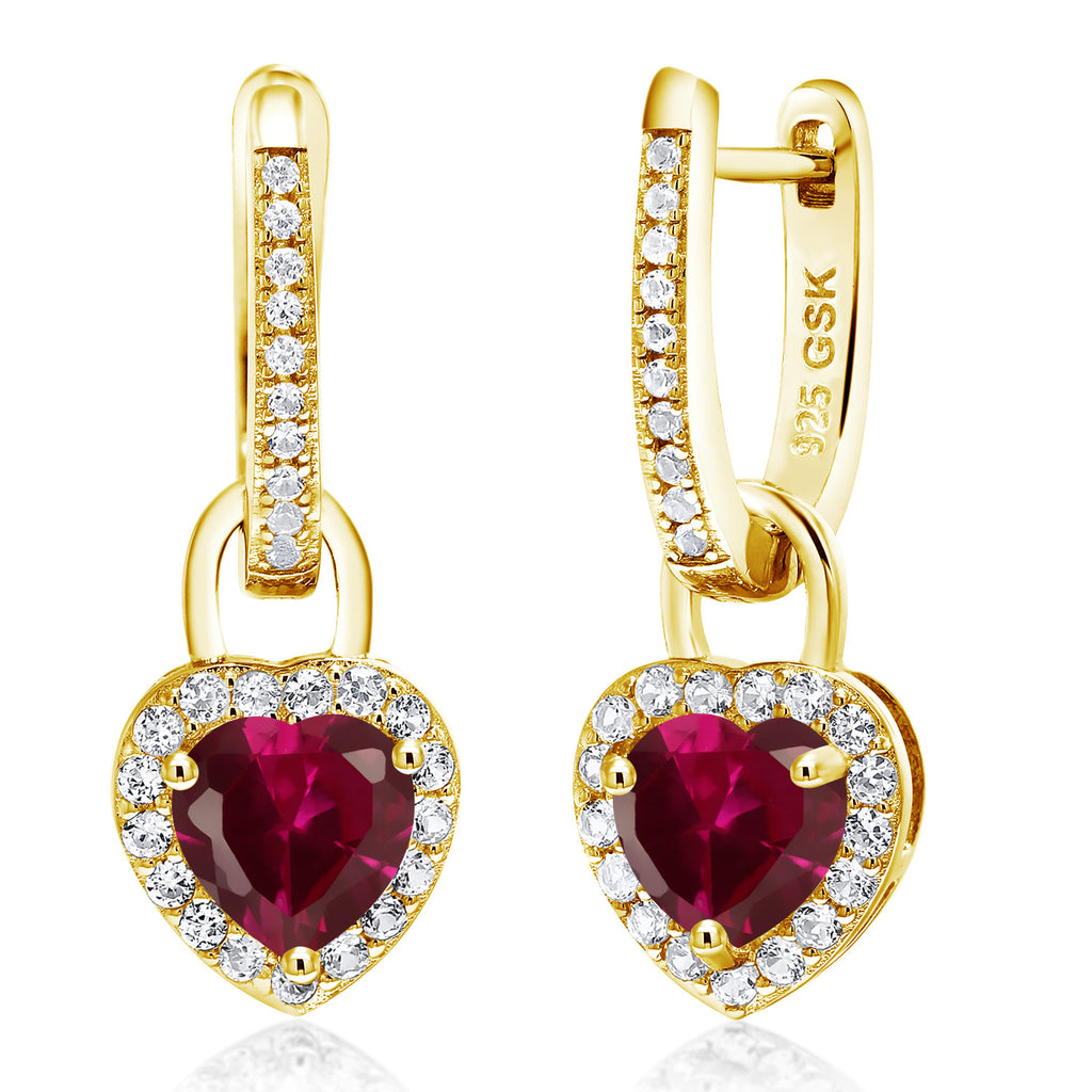 Gem Stone King 18K Yellow Gold Plated Silver Heart Gemstone Birthstone and White Created Sapphire Earrings | Heart Shape 6MM | Drop Dangle Earrings for Women