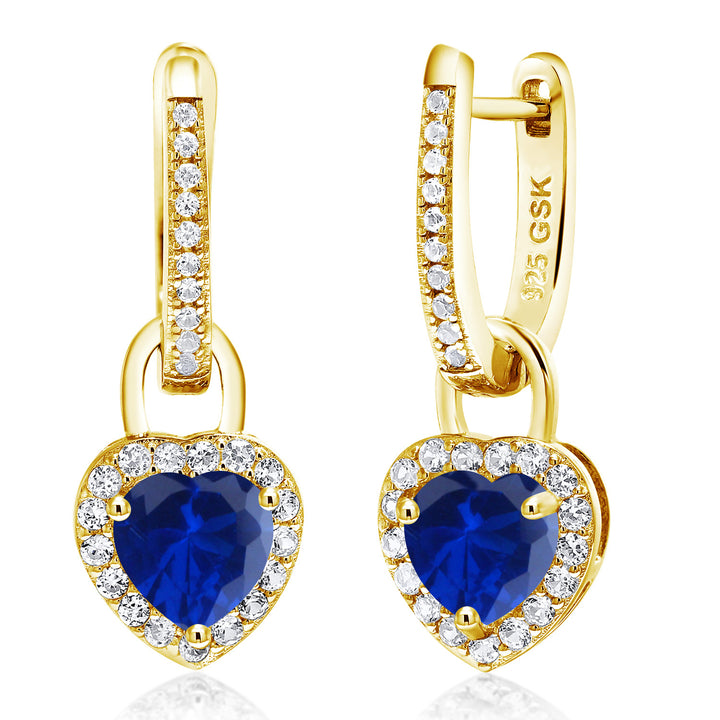 Gem Stone King 18K Yellow Gold Plated Silver Heart Gemstone Birthstone and White Created Sapphire Earrings | Heart Shape 6MM | Drop Dangle Earrings for Women