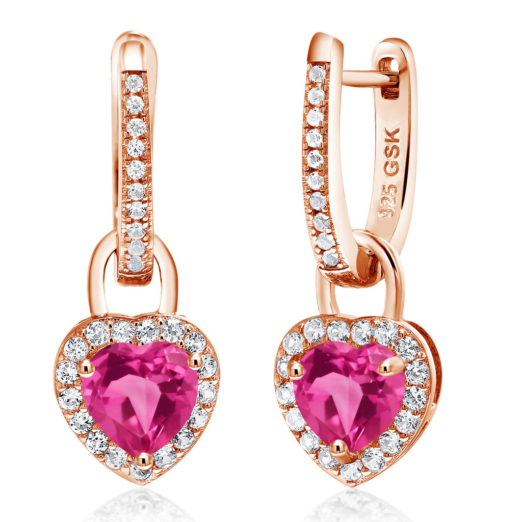Gem Stone King 18K Rose Gold Plated Silver Heart Gemstone Birthstone and White Created Sapphire Earrings | Heart Shape 6MM | Drop Dangle Earrings for Women
