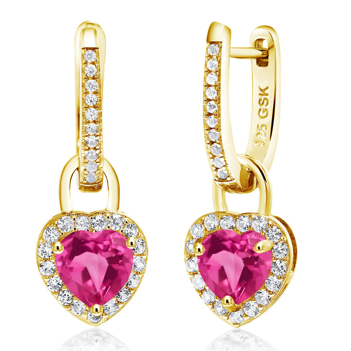 Gem Stone King 18K Yellow Gold Plated Silver Heart Gemstone Birthstone and White Created Sapphire Earrings | Heart Shape 6MM | Drop Dangle Earrings for Women
