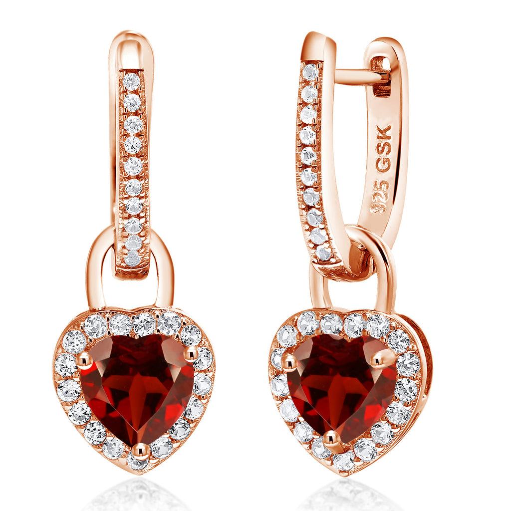 Gem Stone King 18K Rose Gold Plated Silver Heart Gemstone Birthstone and White Created Sapphire Earrings | Heart Shape 6MM | Drop Dangle Earrings for Women