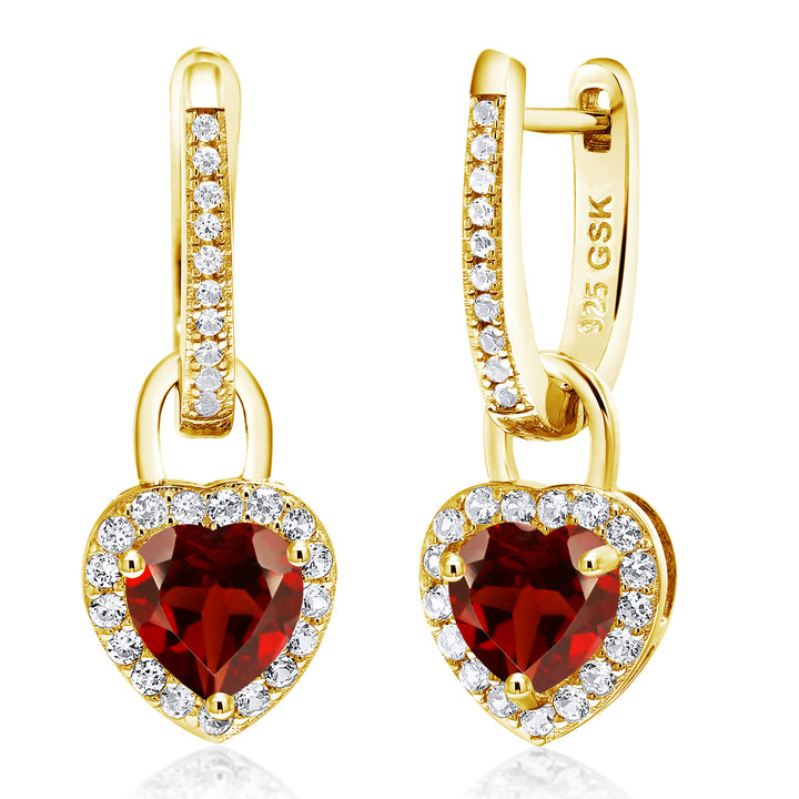 Gem Stone King 18K Yellow Gold Plated Silver Heart Gemstone Birthstone and White Created Sapphire Earrings | Heart Shape 6MM | Drop Dangle Earrings for Women