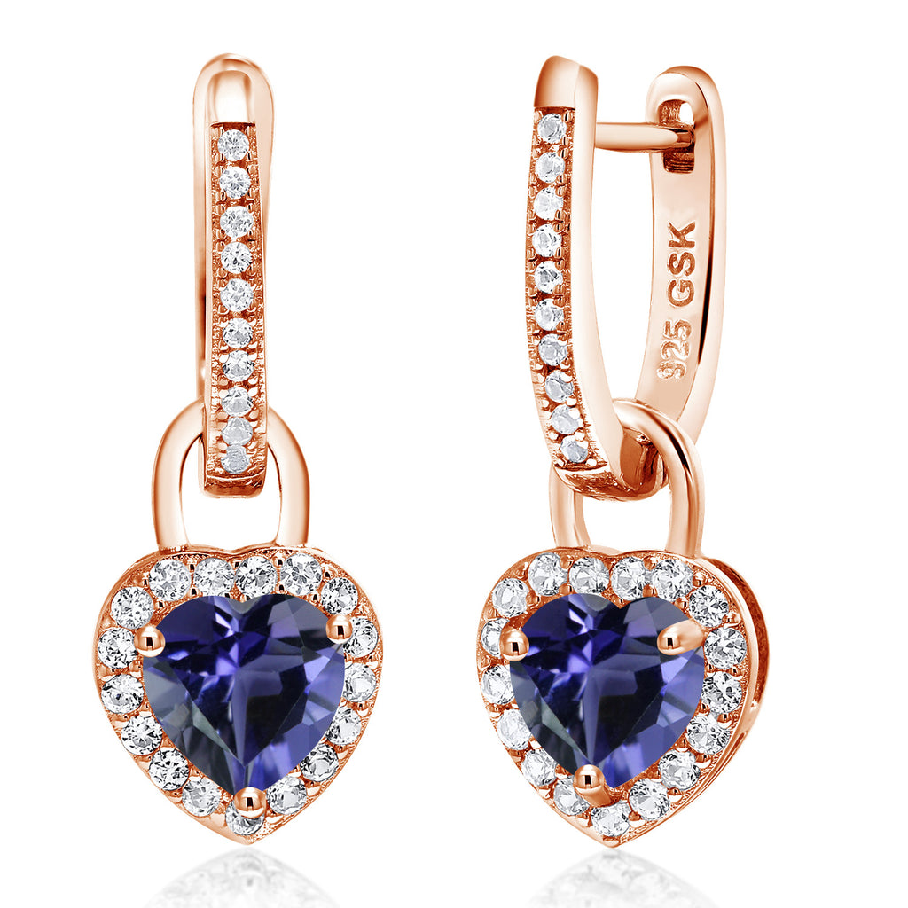 Gem Stone King 18K Rose Gold Plated Silver Heart Gemstone Birthstone and White Created Sapphire Earrings | Heart Shape 6MM | Drop Dangle Earrings for Women
