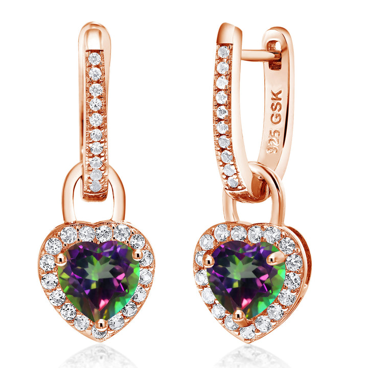 Gem Stone King 18K Rose Gold Plated Silver Heart Gemstone Birthstone and White Created Sapphire Earrings | Heart Shape 6MM | Drop Dangle Earrings for Women