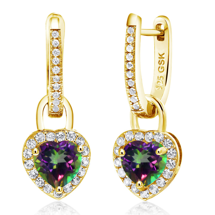 Gem Stone King 18K Yellow Gold Plated Silver Heart Gemstone Birthstone and White Created Sapphire Earrings | Heart Shape 6MM | Drop Dangle Earrings for Women