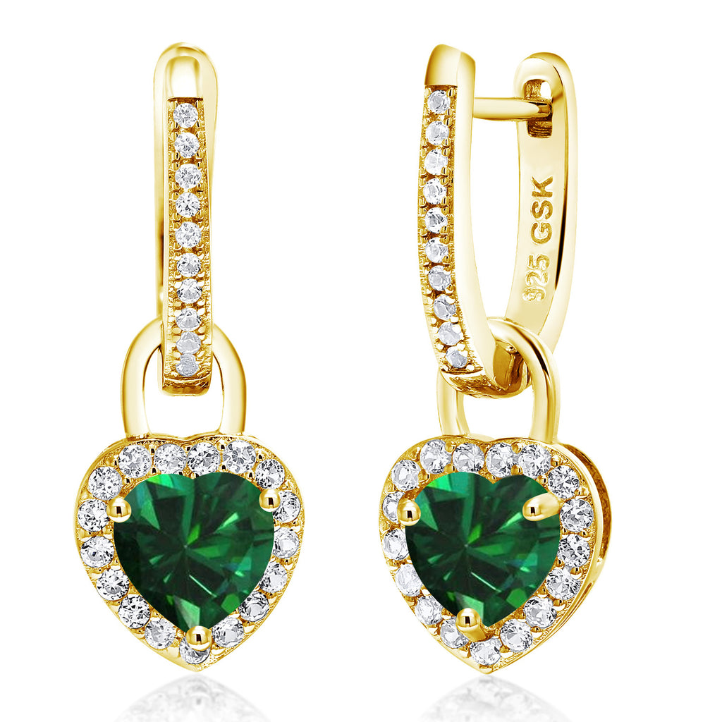 Gem Stone King 18K Yellow Gold Plated Silver Heart Gemstone Birthstone and White Created Sapphire Earrings | Heart Shape 6MM | Drop Dangle Earrings for Women