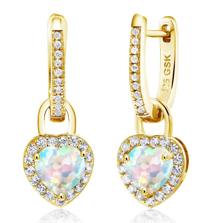 Gem Stone King 18K Yellow Gold Plated Silver Heart Gemstone Birthstone and White Created Sapphire Earrings | Heart Shape 6MM | Drop Dangle Earrings for Women