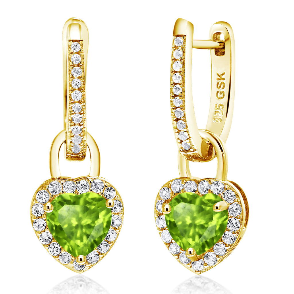 Gem Stone King 18K Yellow Gold Plated Silver Heart Gemstone Birthstone and White Created Sapphire Earrings | Heart Shape 6MM | Drop Dangle Earrings for Women