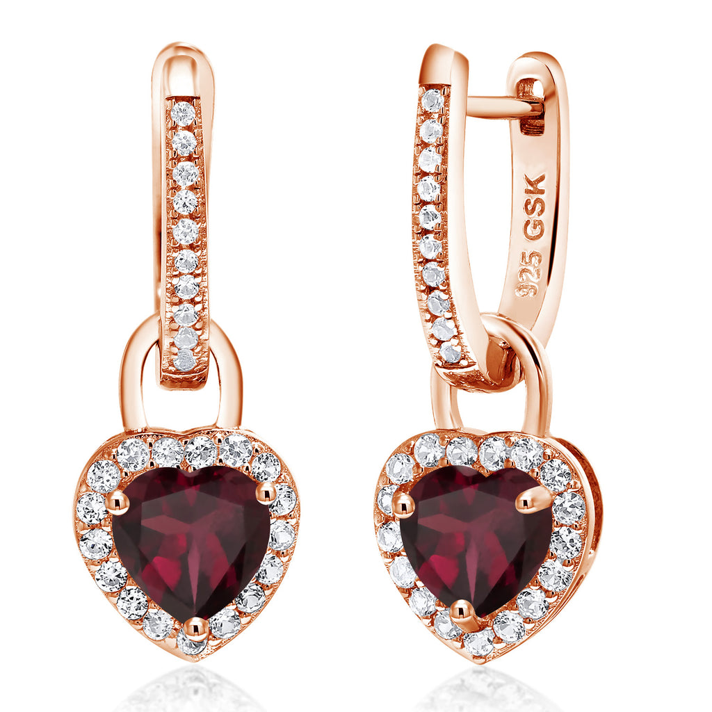 Gem Stone King 18K Rose Gold Plated Silver Heart Gemstone Birthstone and White Created Sapphire Earrings | Heart Shape 6MM | Drop Dangle Earrings for Women