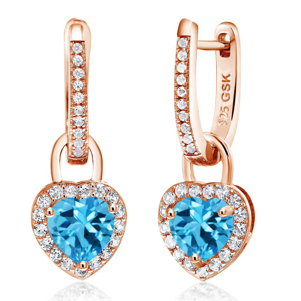 Gem Stone King 18K Rose Gold Plated Silver Heart Gemstone Birthstone and White Created Sapphire Earrings | Heart Shape 6MM | Drop Dangle Earrings for Women